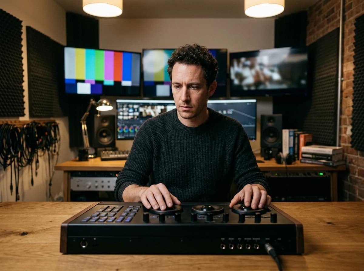 Fictional adult video editor at a physical color grading console photographed from the front, screens behind the camera