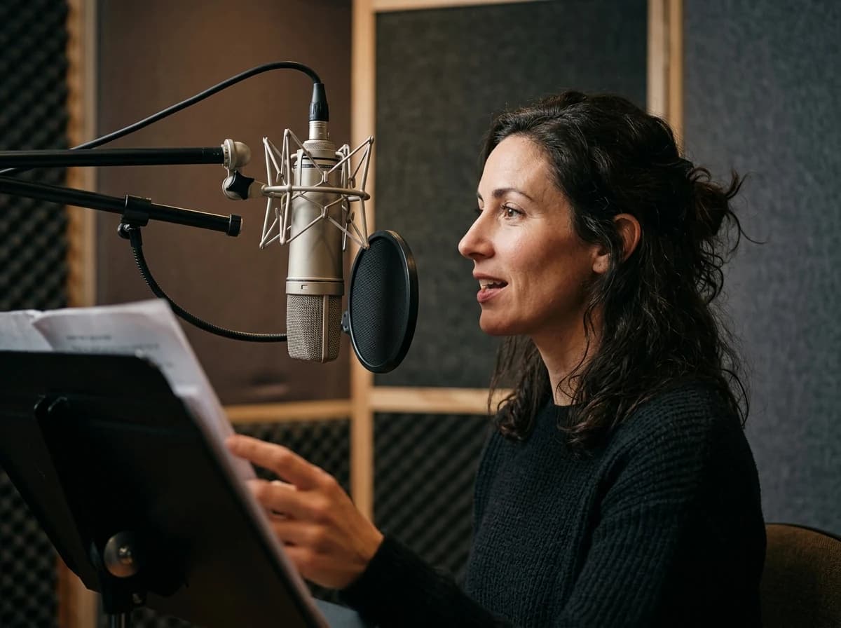 Voice actor speaking into a studio microphone, script in hand.