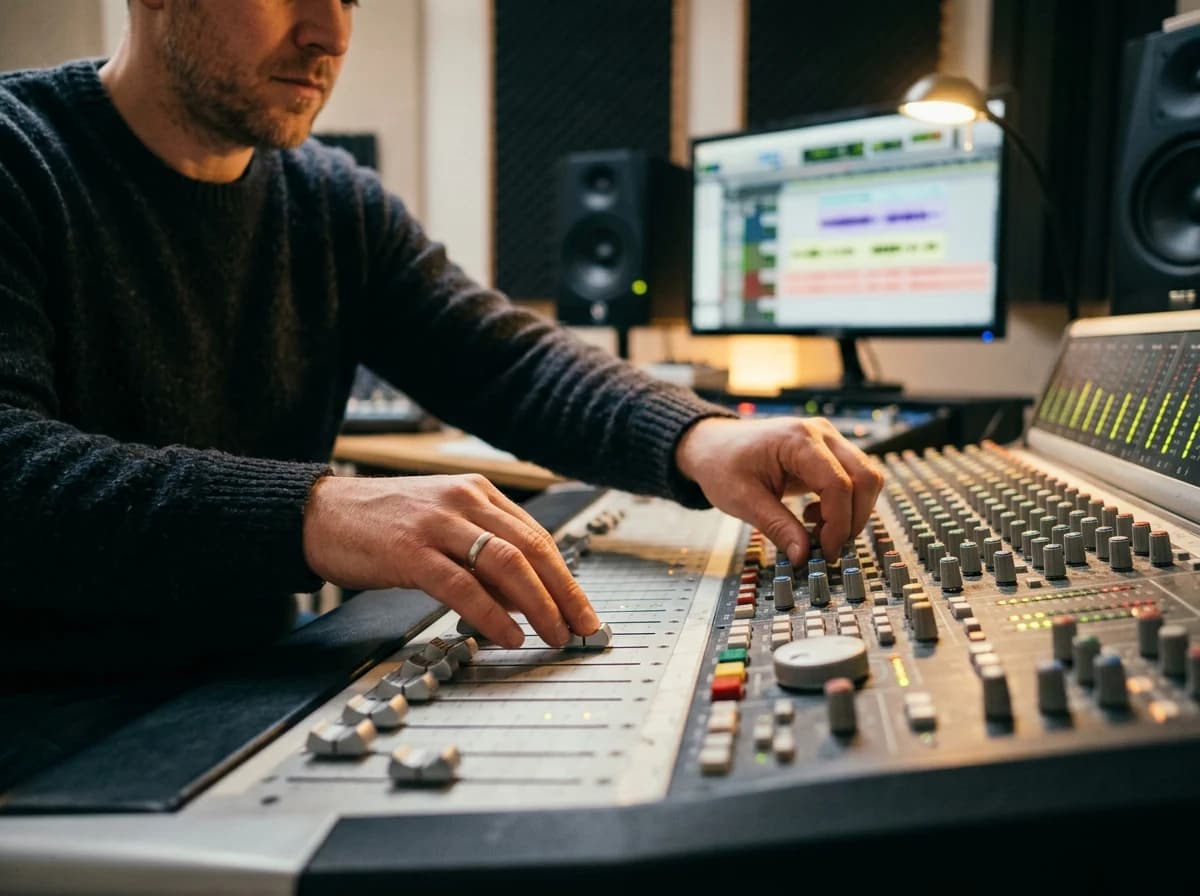 Audio engineer mixing voice over demo on a soundboard with monitor.