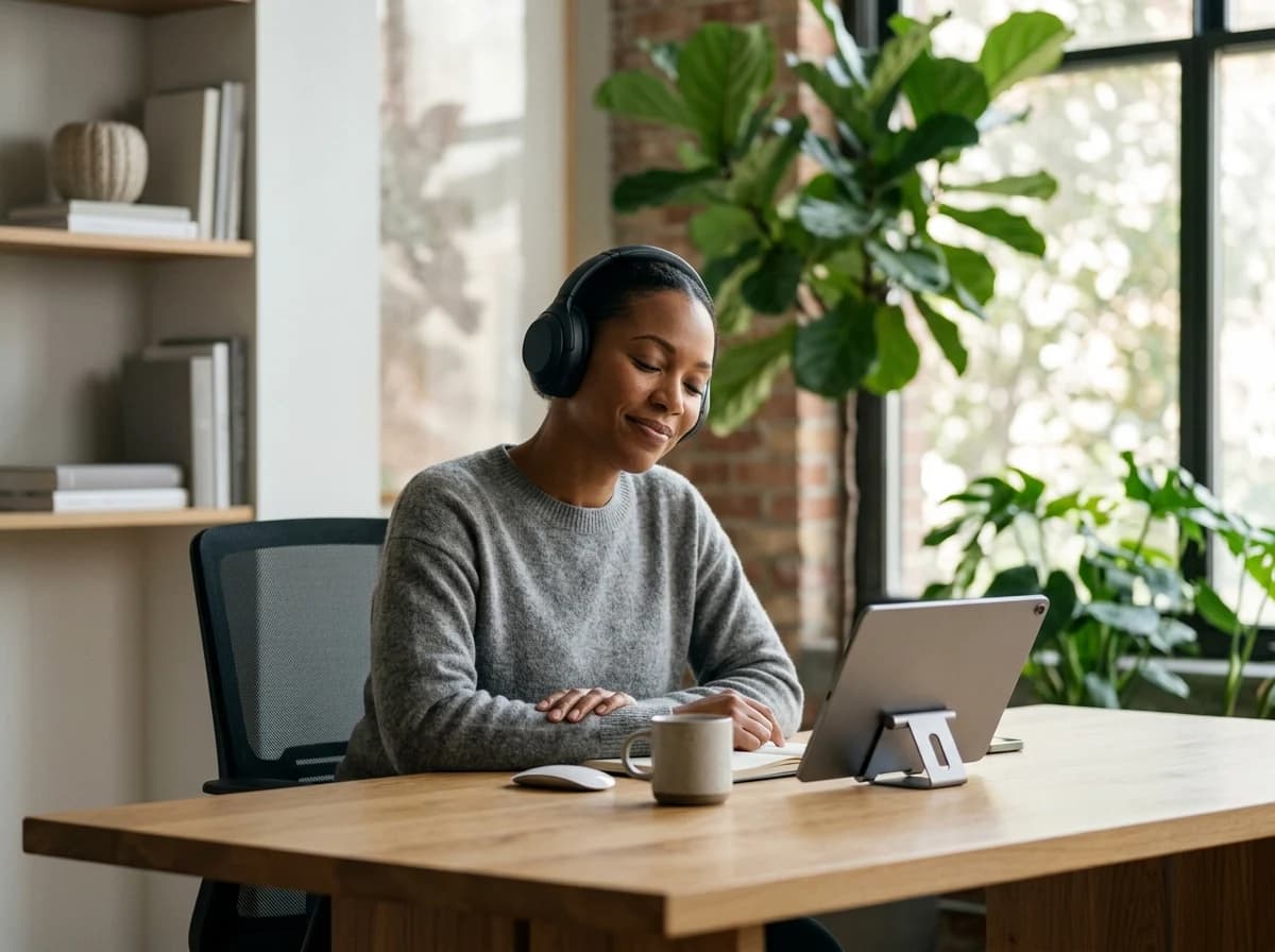 Happy client listening to voice over on headphones, smiling in a modern office.