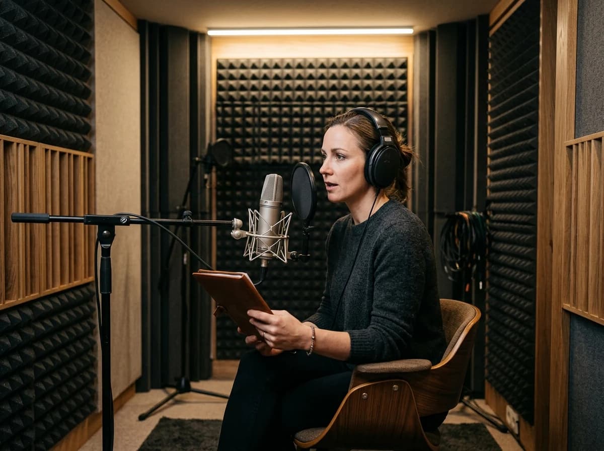 Voice actor in a professional sound booth, headphones on, microphone close.