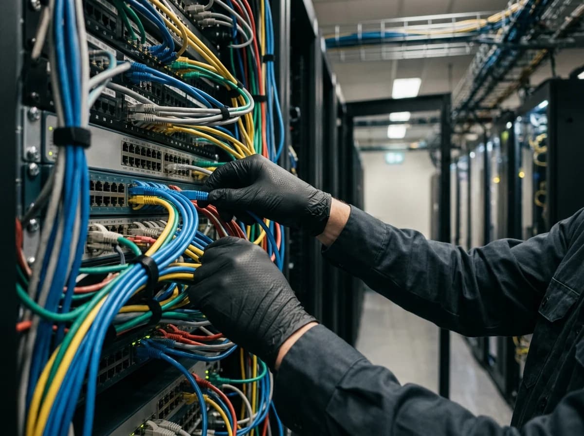 Technician's gloved hands connecting network cables in a server rack, focused work.