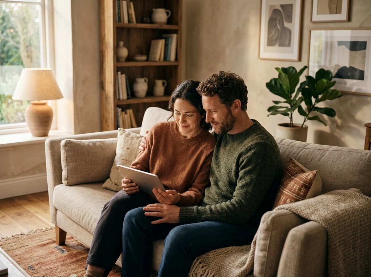 A happy couple viewing their wedding photos on a tablet, sharing a joyful moment.