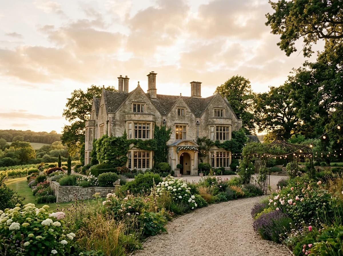 Grand exterior of a historic wedding venue, possibly a manor house, at golden hour.