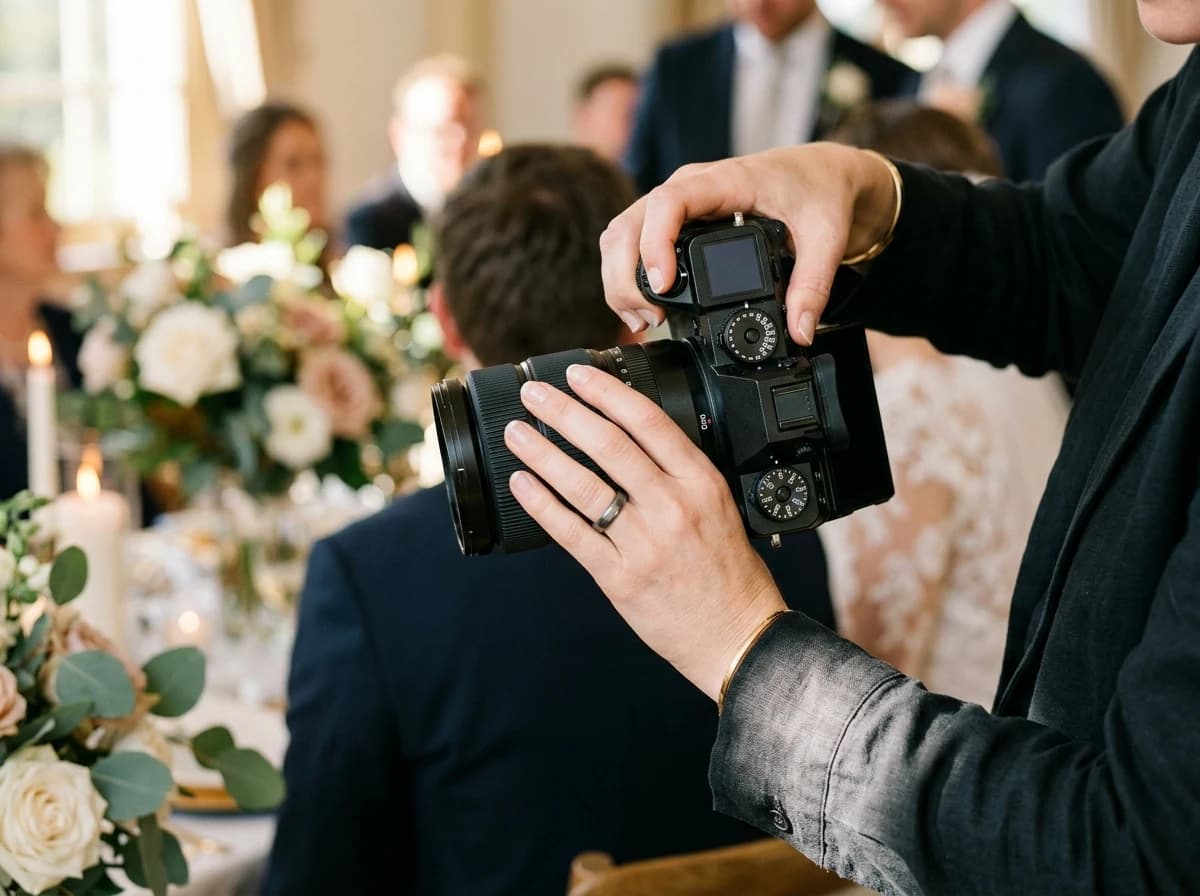 Close-up of a wedding photographer's hands adjusting a camera lens during a shoot.