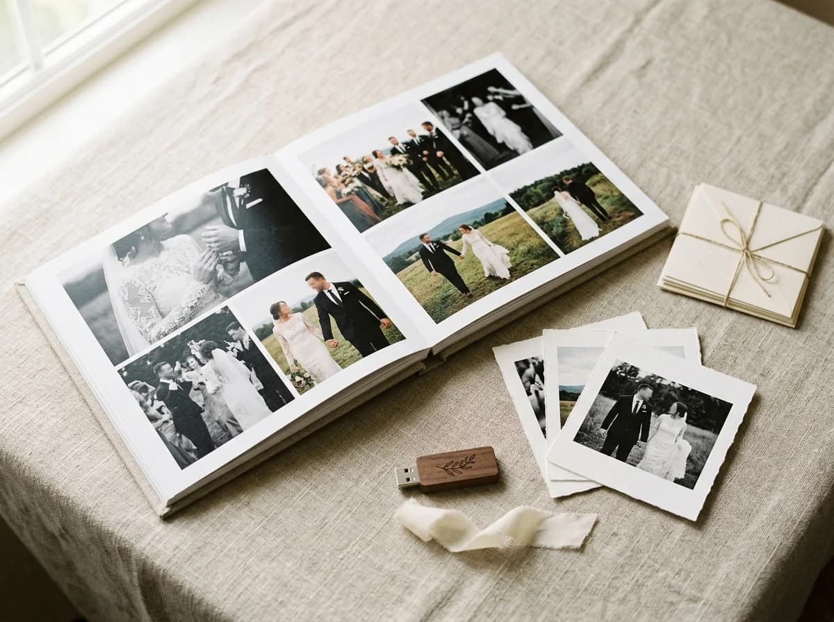 Close-up of an open, premium wedding photo album with loose prints and a custom USB drive.