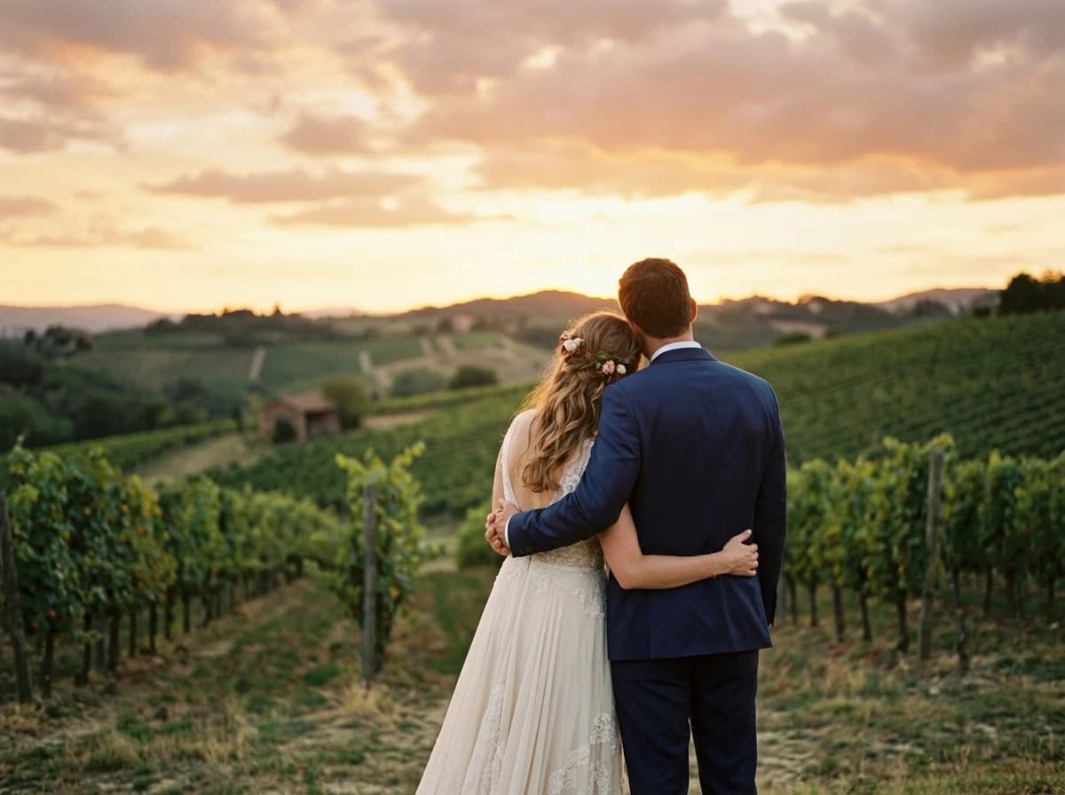 A newlywed couple embracing happily from behind, looking out at a scenic landscape.