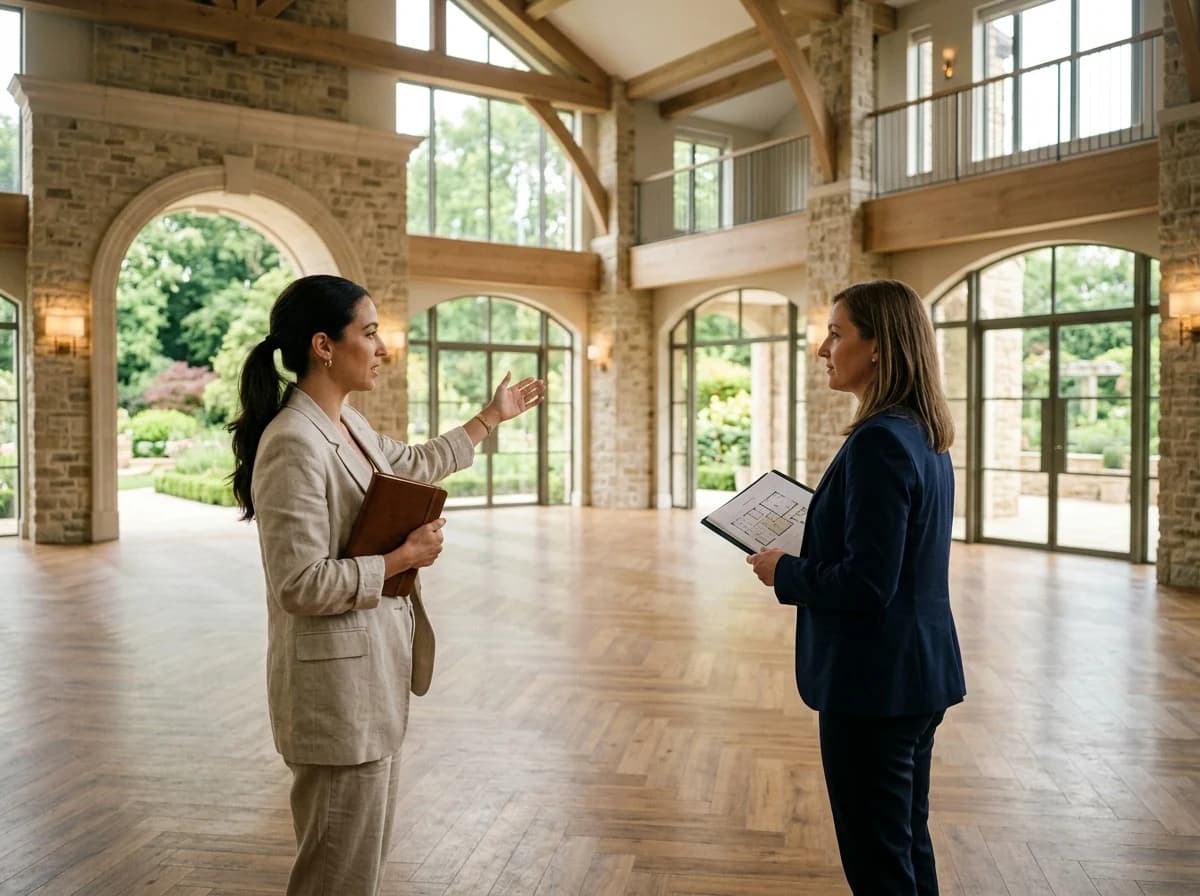 Wedding planner discussing details with a venue manager in an empty event space.