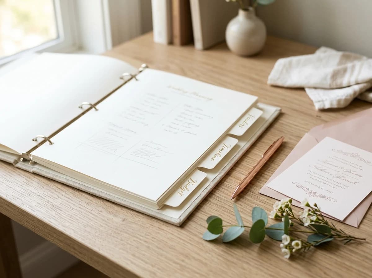 Open, organized wedding planning binder with tabs for vendors, timeline, and budget.