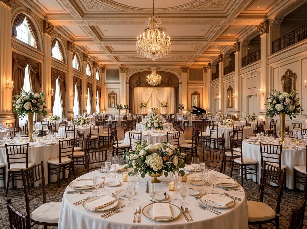 Luxurious wedding ballroom with round tables, floral centerpieces, and ambient lighting, ready for guests.