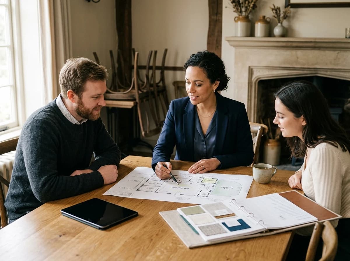 Professional wedding coordinator discussing plans with an engaged couple in a venue's consultation room.