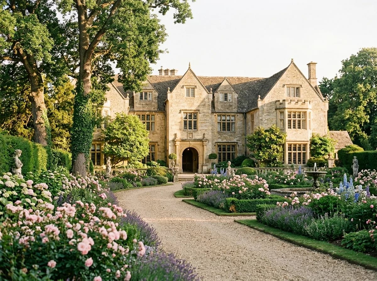 Grand historic manor house serving as a wedding venue, surrounded by manicured gardens and clear sky.