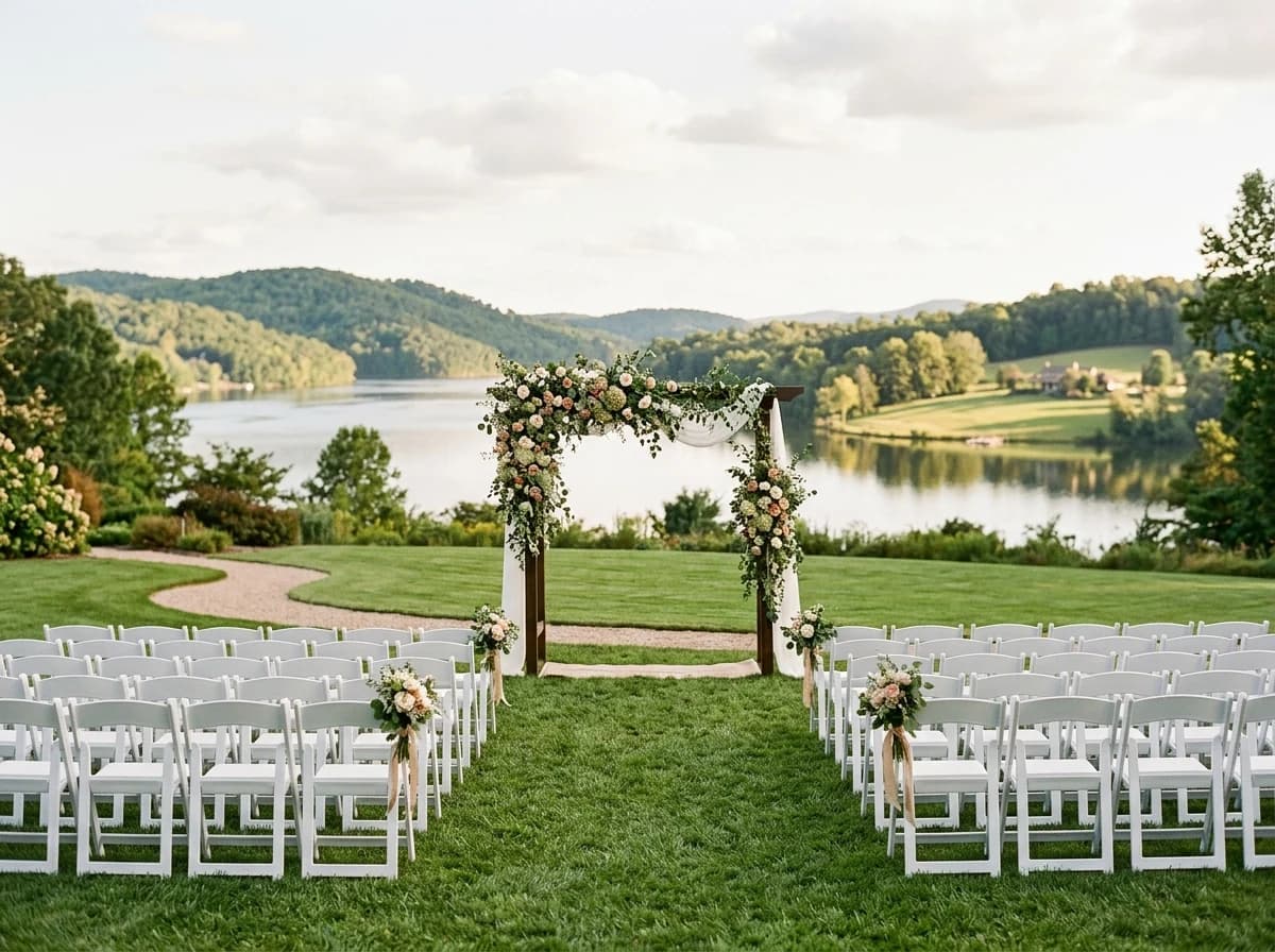 Beautiful outdoor wedding ceremony setup under an arch, with chairs aligned facing a natural backdrop.