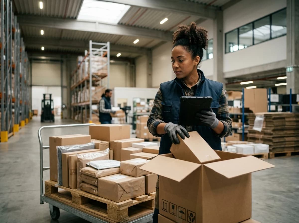 A warehouse worker carefully picking and packing a wholesale order in a busy fulfillment center.