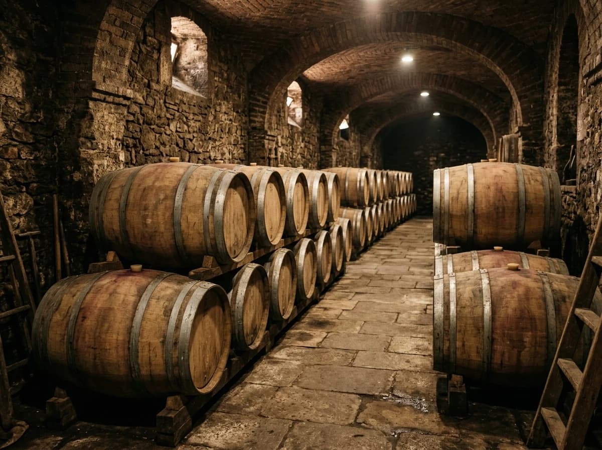 Rows of large oak wine barrels stacked in a dimly lit cellar.