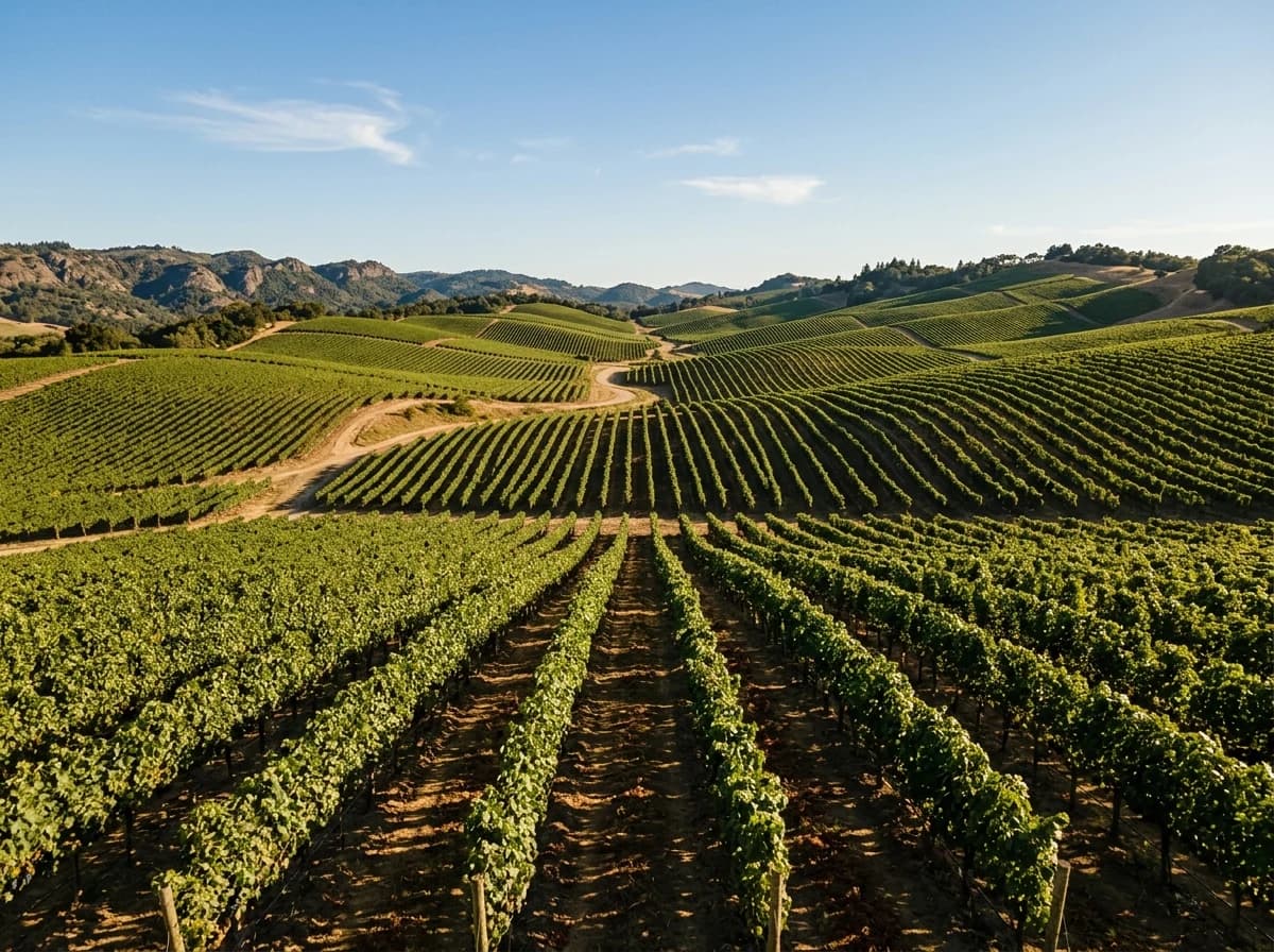 Vast vineyard rows stretching over rolling hills under a sunny sky.