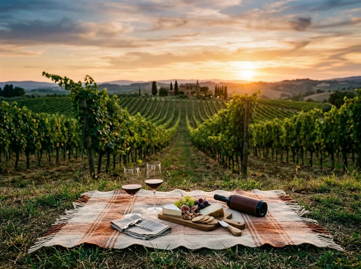 Picnic blanket and wine glasses at sunset overlooking a beautiful vineyard.