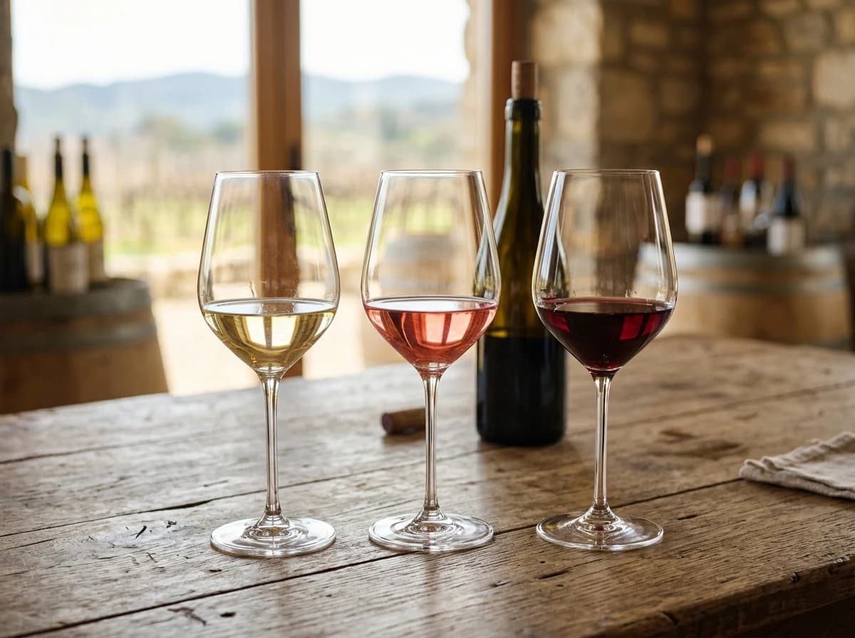 Three wine glasses with different wines on a rustic wooden table.