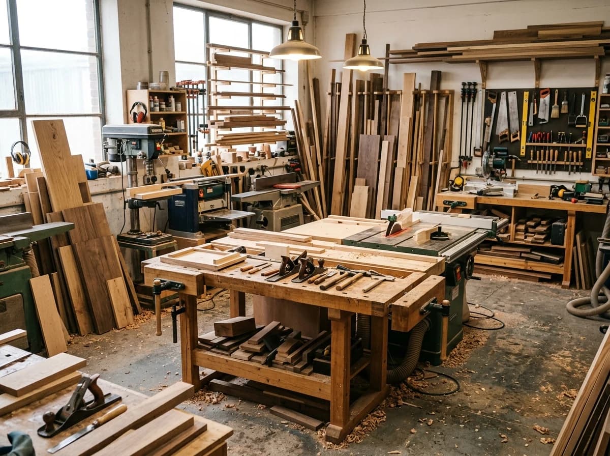 Well-organized woodworking workshop with various power tools, wood stacks, and sawdust on the floor, under bright task lighting.