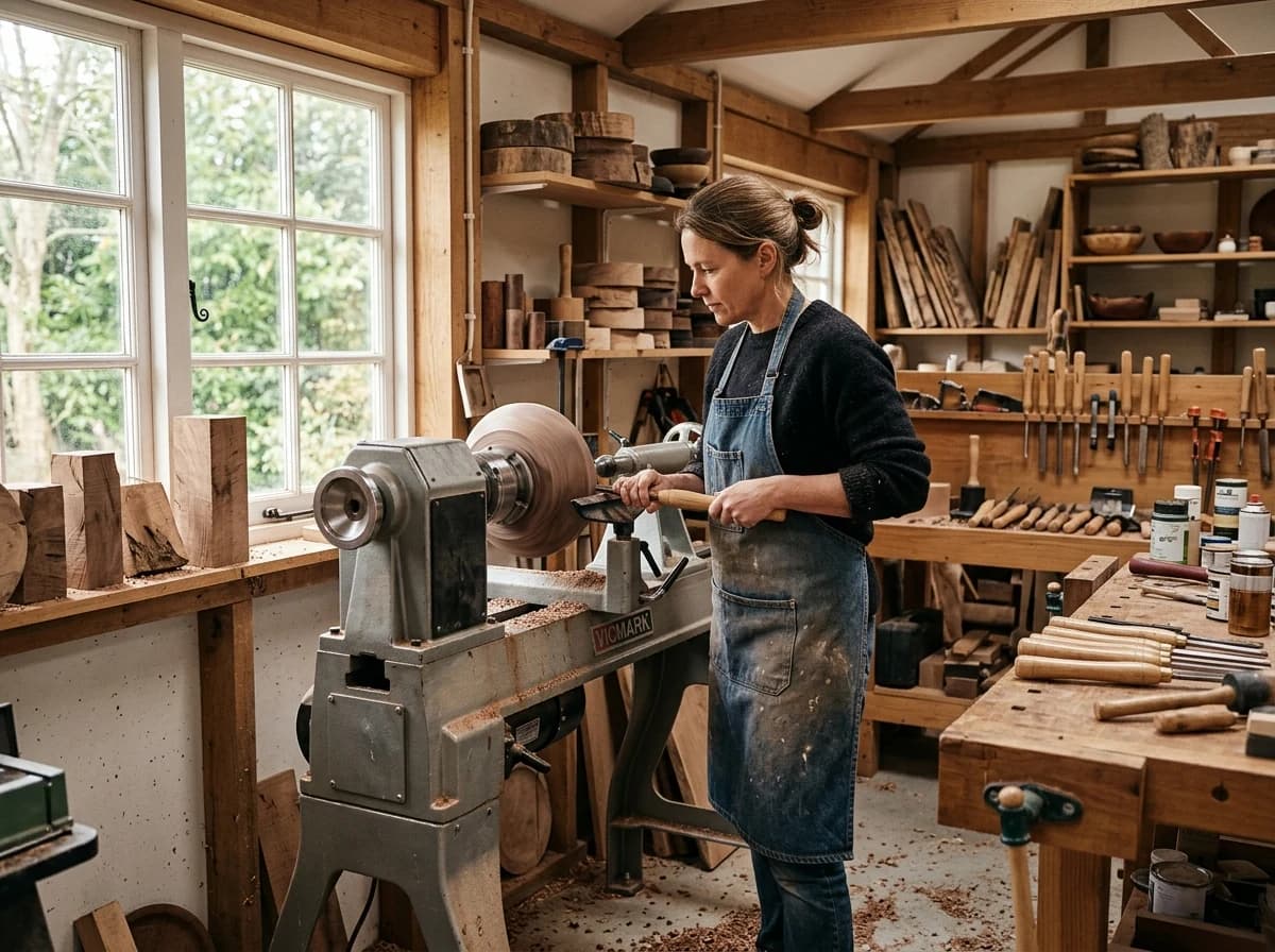 A well-lit woodturning workshop with a sturdy wood lathe as the central focus, surrounded by various woodworking tools.