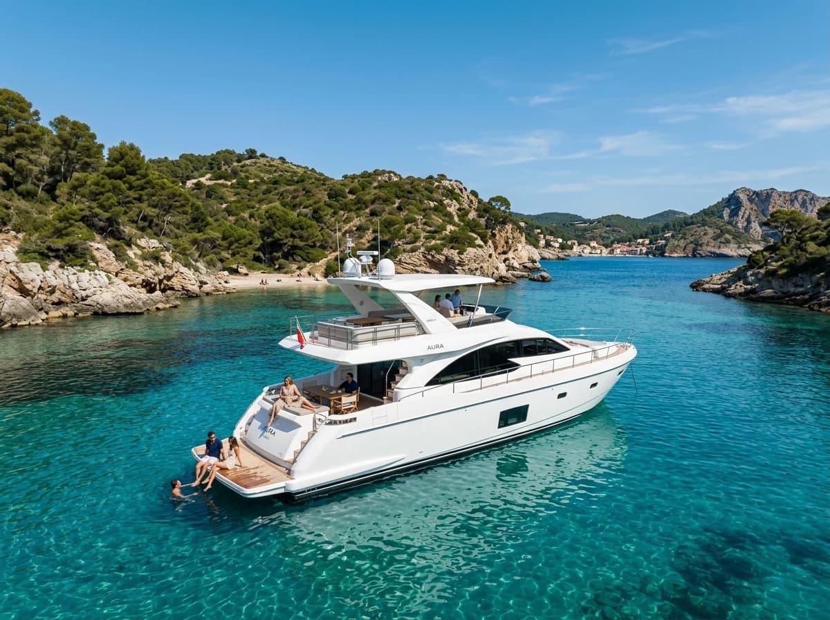A sleek, white luxury yacht anchored peacefully in a clear turquoise Mediterranean cove.