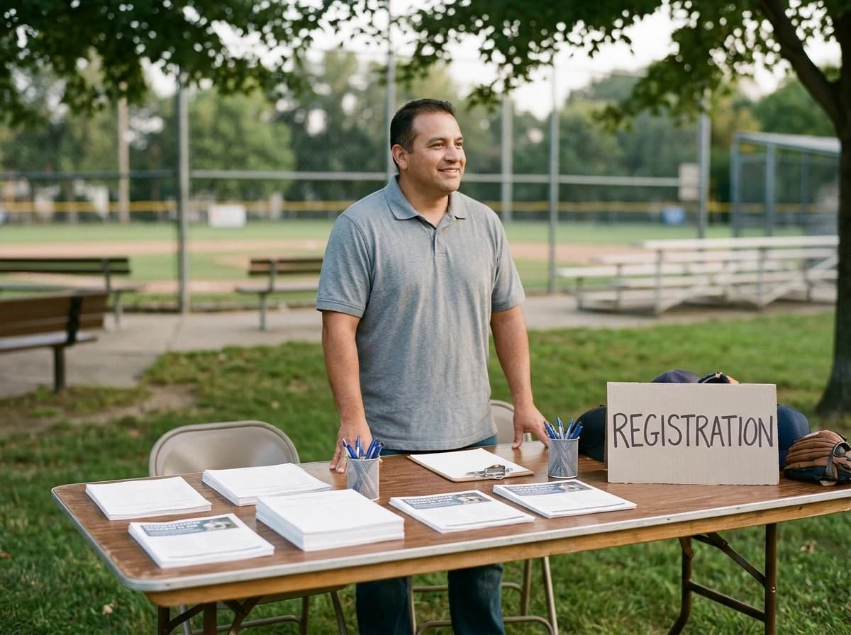 Organized registration desk with forms and information, attended by a friendly adult volunteer.