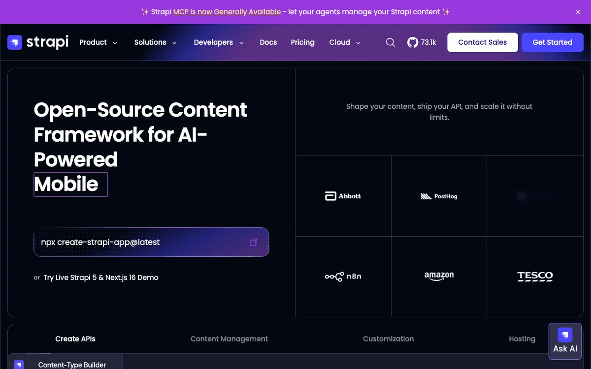 Strapi homepage at https://strapi.io/, captured September 2026