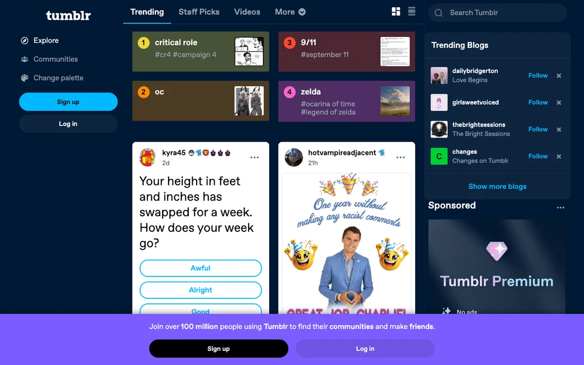 Tumblr homepage at https://www.tumblr.com/ captured September 2026