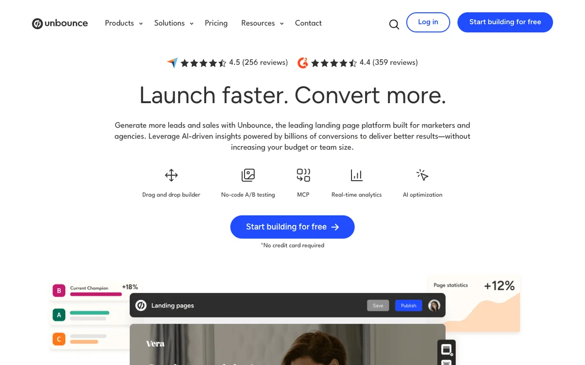 Unbounce homepage at https://unbounce.com/ captured September 2026
