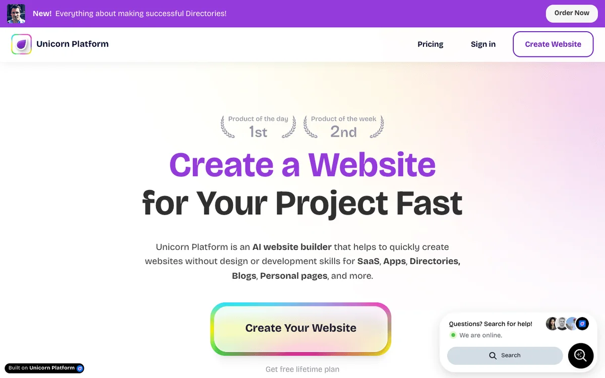 Unicorn Platform homepage
