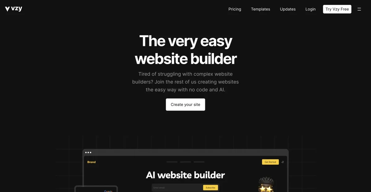 Vzy public homepage showing its AI website builder positioning