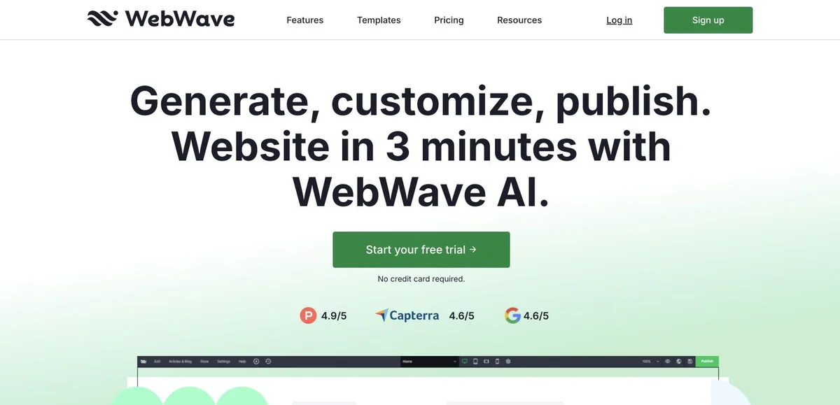 WebWave public homepage showing its AI website builder positioning
