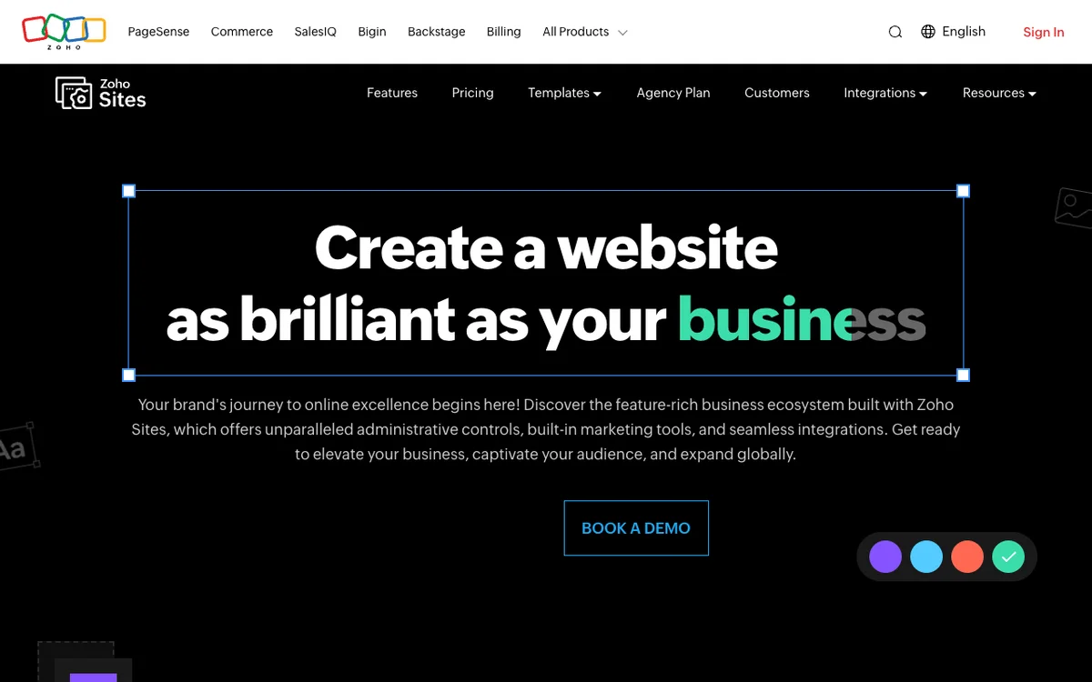 Zoho Sites homepage