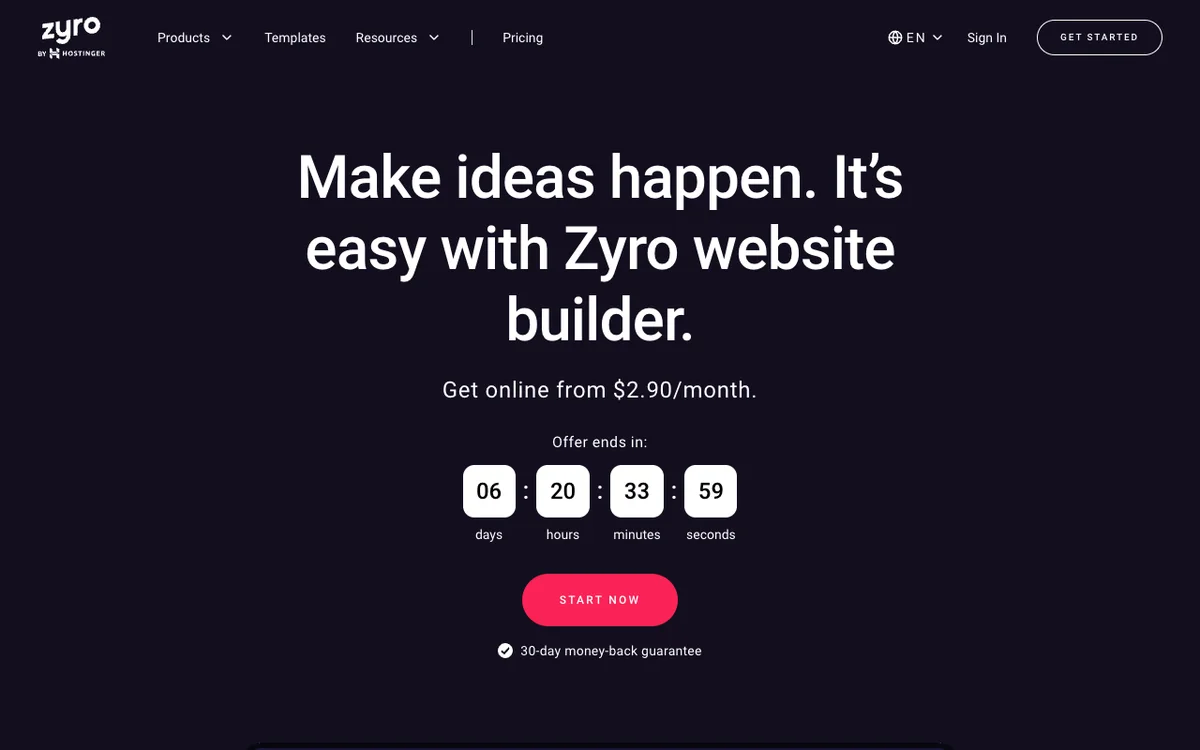 Zyro homepage as archived in January 2022