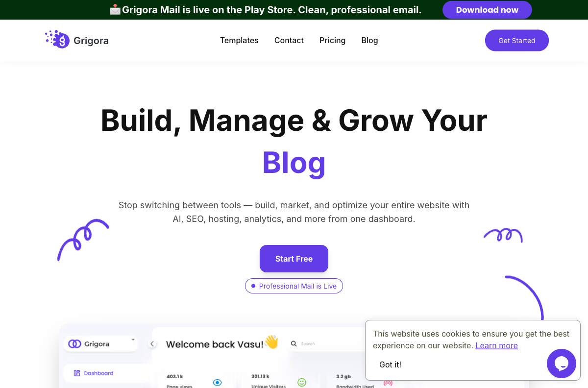 Grigora AI website builder homepage