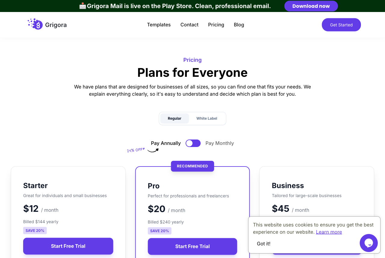 Grigora pricing plans