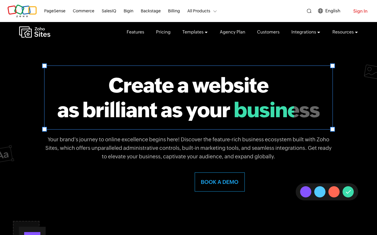 Zoho Sites homepage
