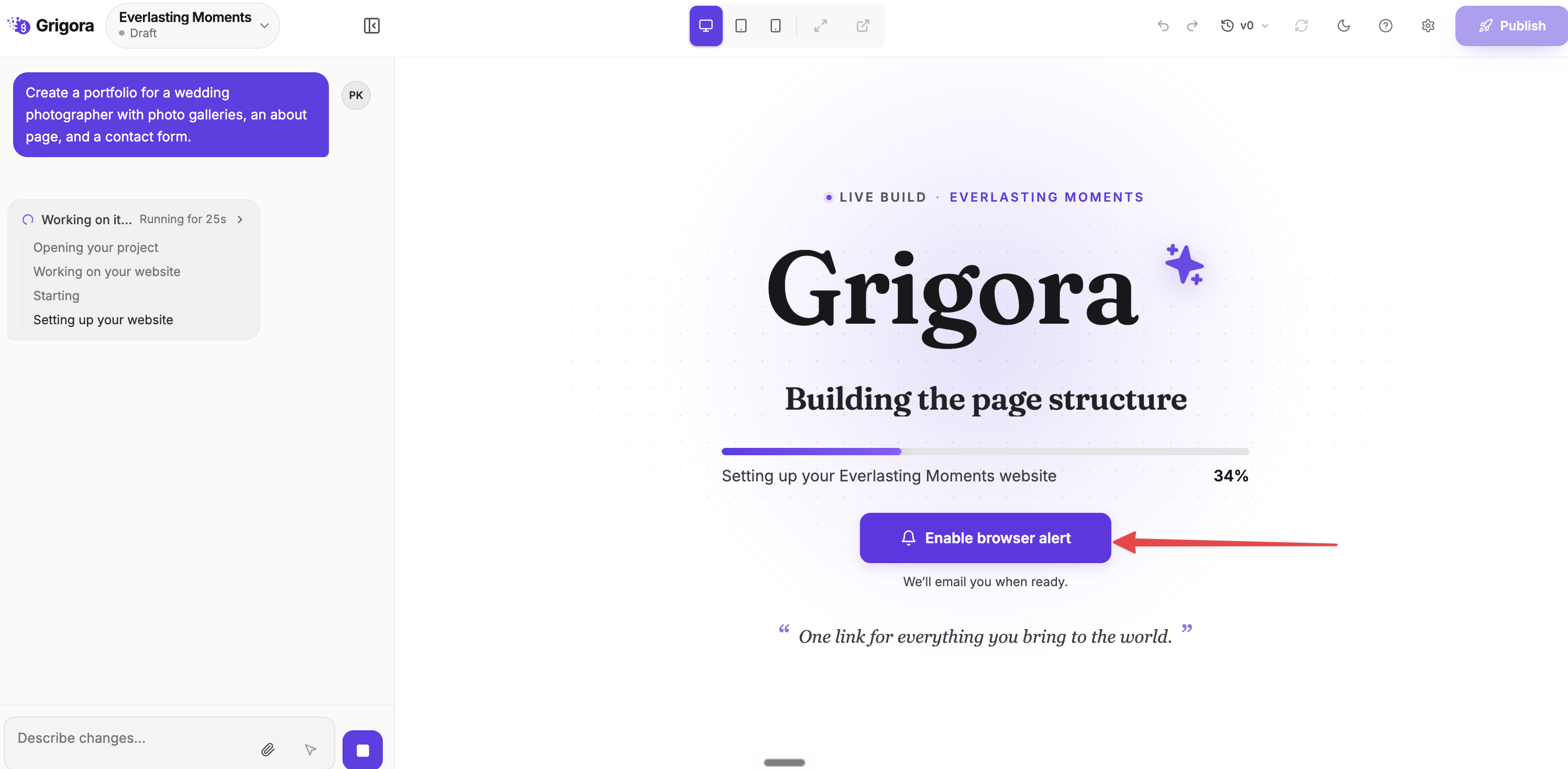 Enable a browser alert while your first website is being built. Example website shown.