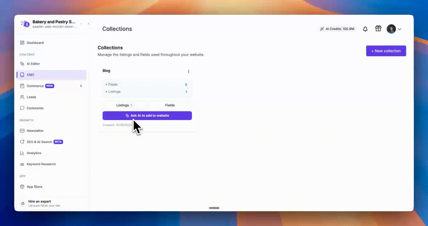 Choose where AI should add an existing CMS collection. Demo website shown.