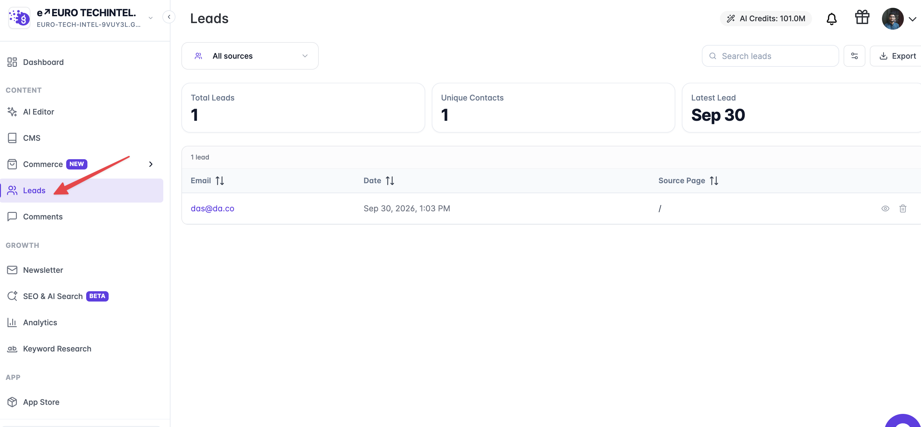 View website leads in one place, with source filters, search, and export.