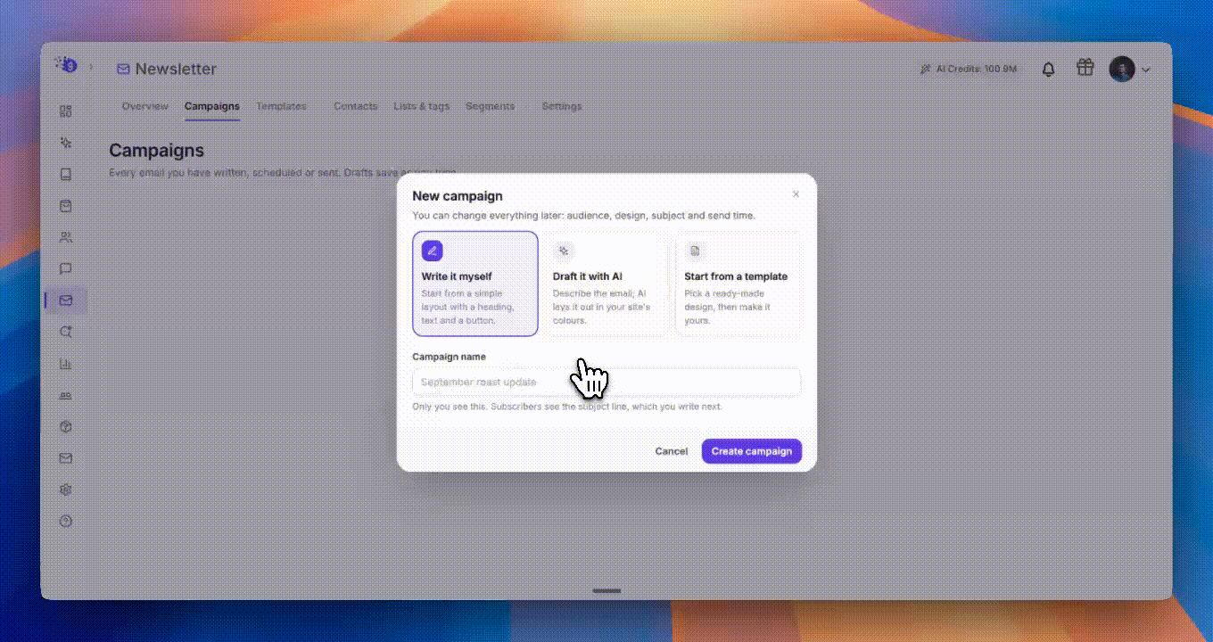 Turn a newsletter brief into a campaign draft and continue through audience and design. Demo campaign shown.