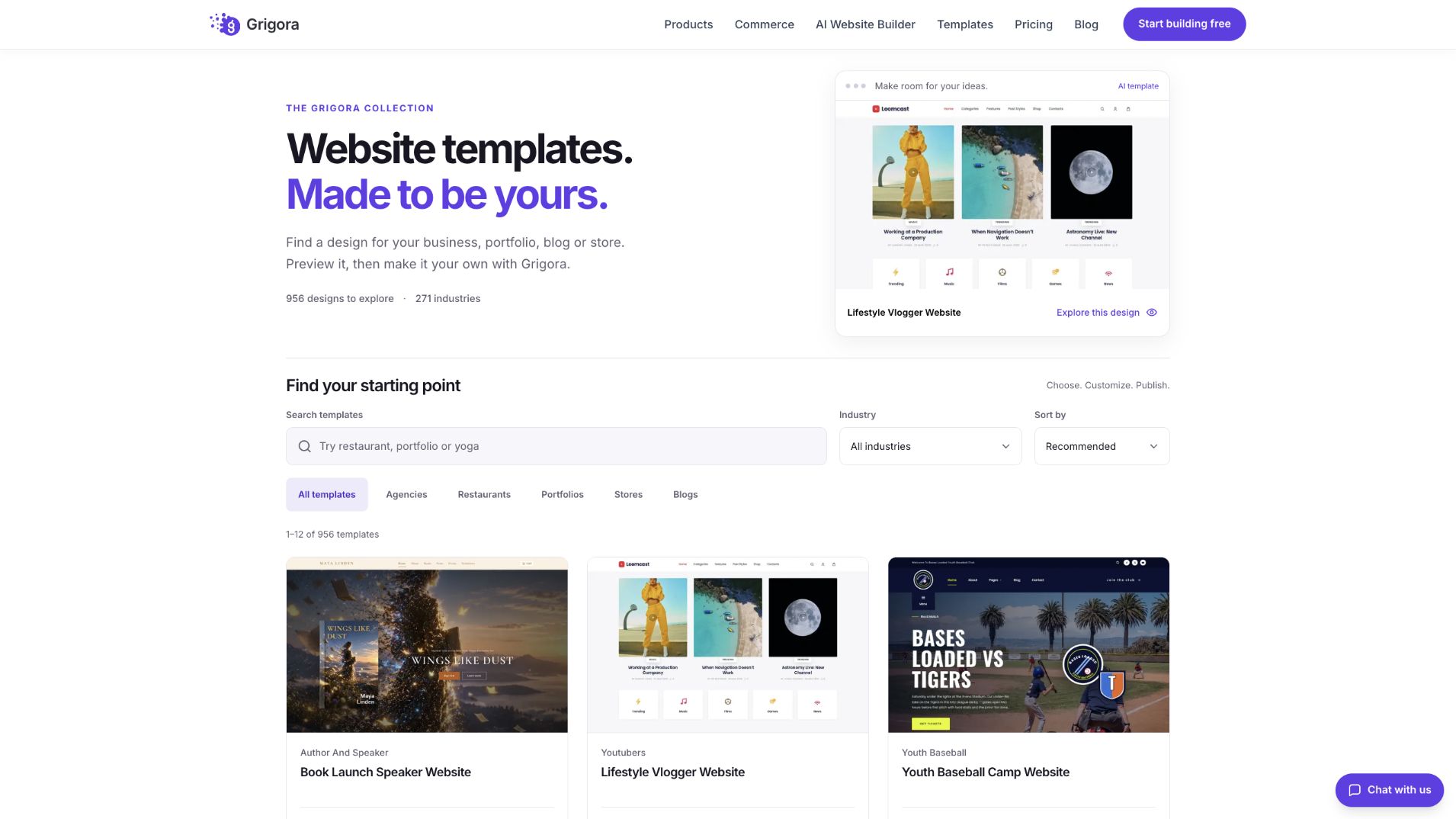 Find a website template using search, industry filters, sorting, and visual previews.