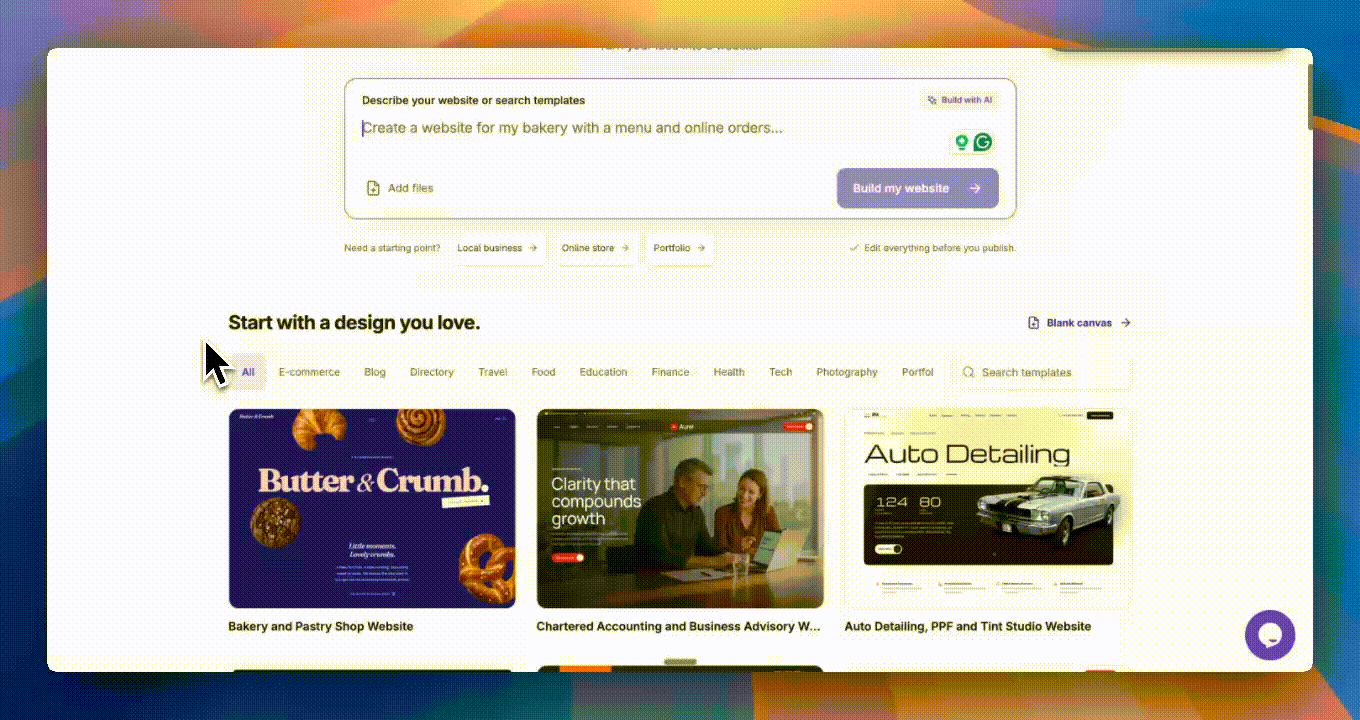 Preview a bakery template and personalize it beside the website preview. Demo website shown.