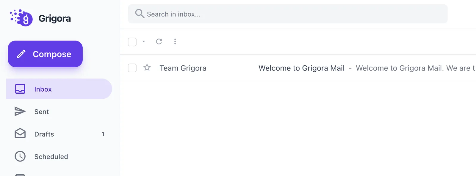 Real Grigora Mail inbox capture with mailbox folders and a welcome message