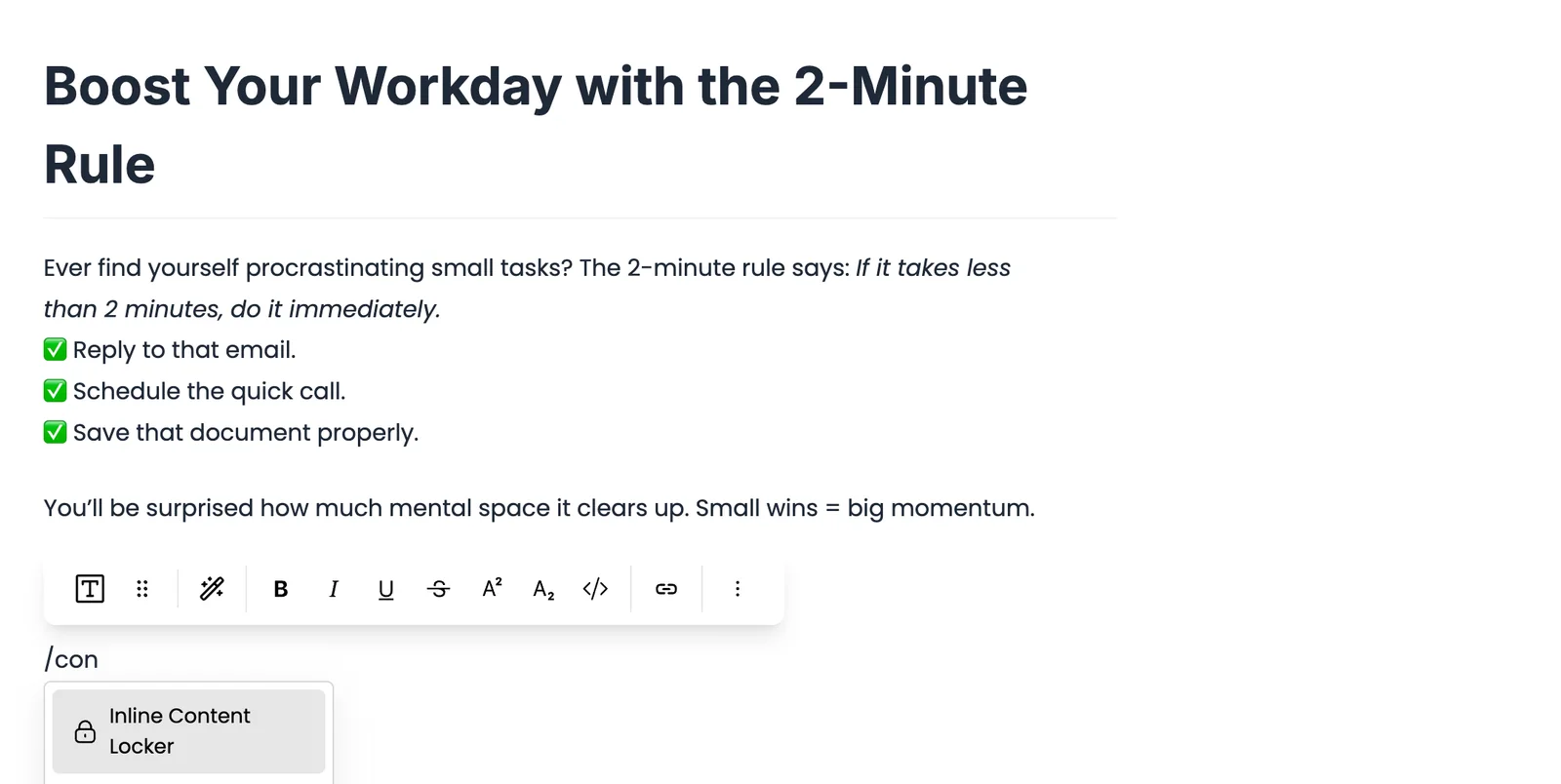 Grigora article editor showing the Boost Your Workday with the Two-Minute Rule draft