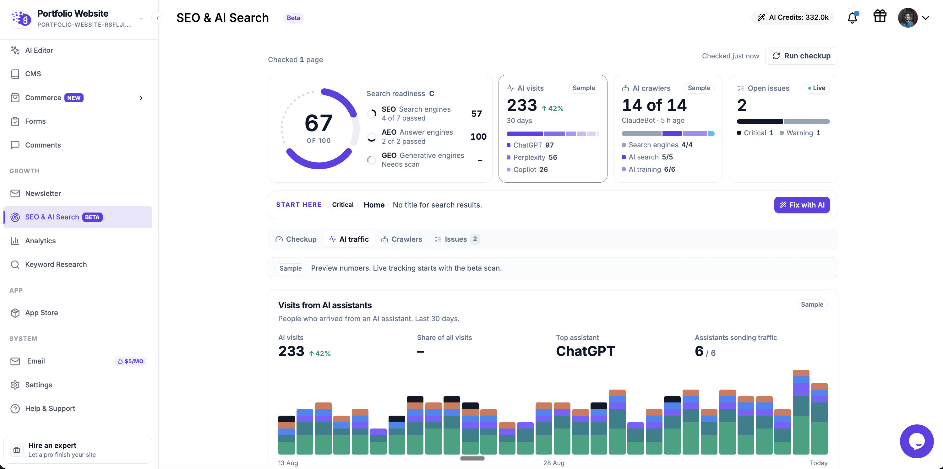 SEO & AI Search overview. AI traffic and crawler figures in this screenshot are sample data.