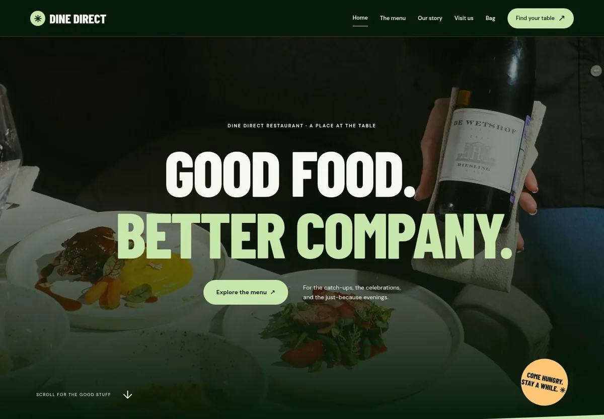Dine Direct restaurant template with a dining-room photograph and clear menu and table links