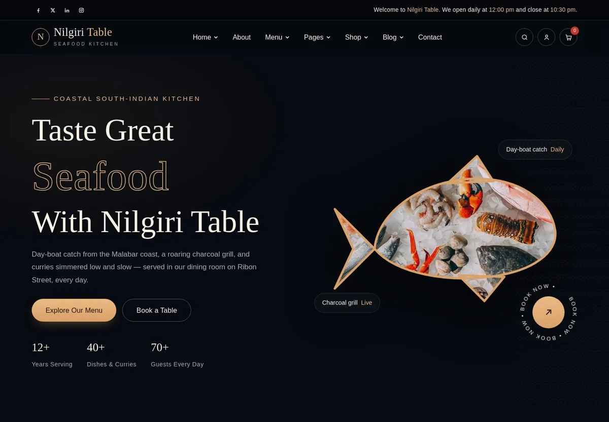 Nilgiri Table Indian restaurant template with a dark layout and featured seafood photography