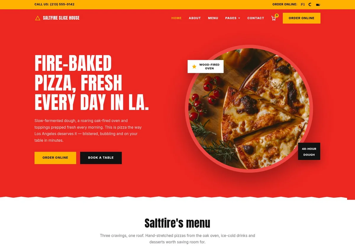 Saltfire Slice House pizza template with bold food photography and menu navigation